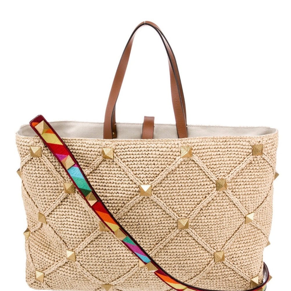 Valentino Roman Stud Quilted Raffia Bag